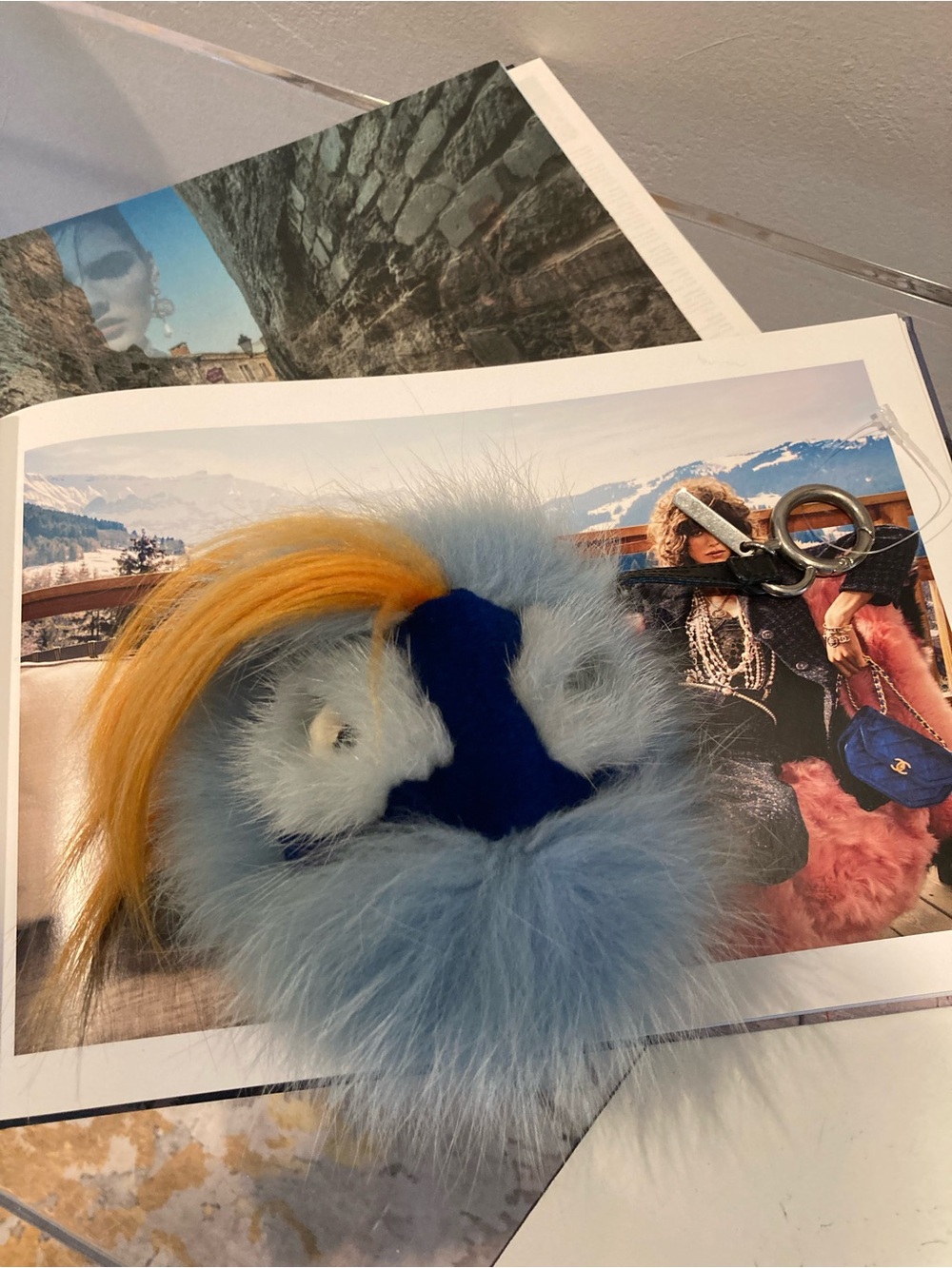 Fendi Light Blue Faux Fur Pom Pom Key Charm with Yellow Accent